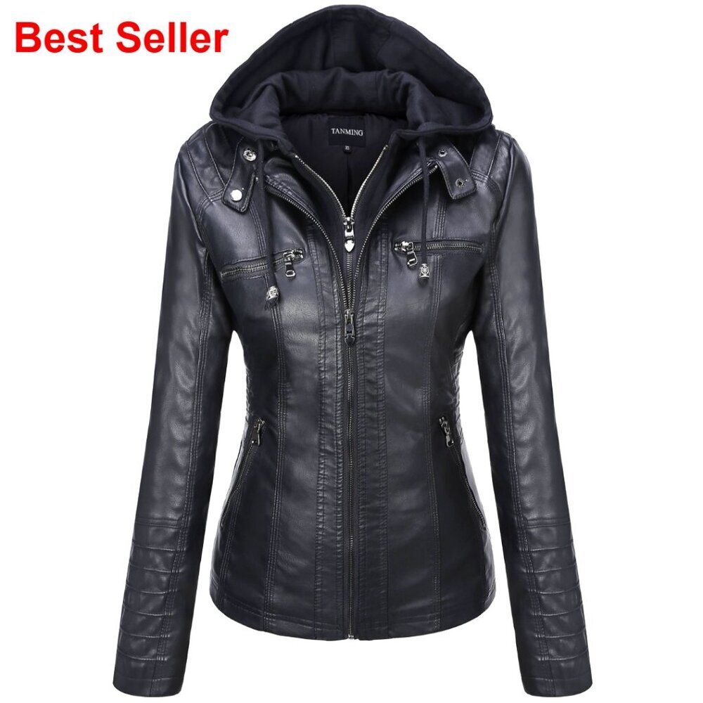 Faux Leather Moto Jacket with Detachable Hood and Rivets